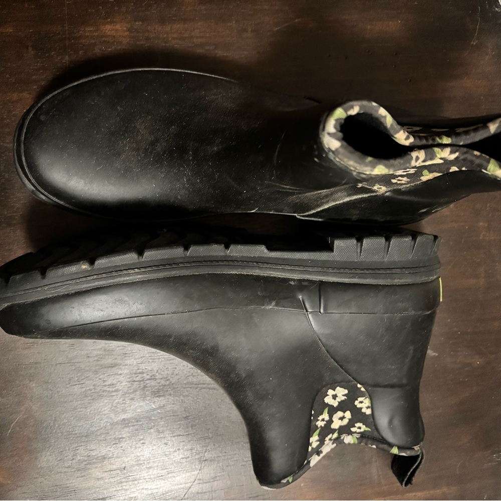Black Ankle Rain Boots with Floral Trim